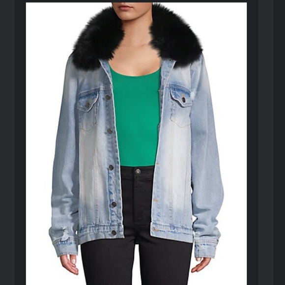 AVA & KRIS Alana Oversized Fox Fur-Trimmed Denim Jacket - Picture 1 of 1